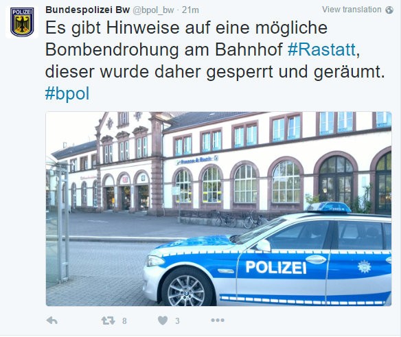 Twitter - nemecká polícia informuje o bombovej hrozbe v nemeckom meste Rastatt